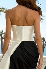 Strapless Black and White Mermaid Bowed Maxi Formal Dress With Slit
