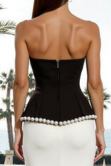 Black and White Sweetheart Sheath Maxi Formal Dress With Pearls
