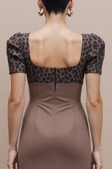 Brown Square Neck Bodycon Midi Work Dress