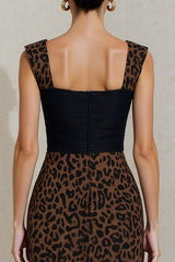 Black and Brown Leopard Bodycon Midi Work Dress