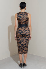 High Neck Brown Leopard Bodycon Work Dress with Belt