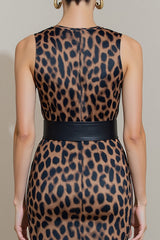 High Neck Brown Leopard Bodycon Work Dress with Belt