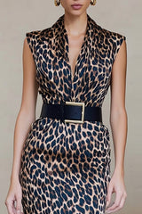 Brown Leopard Bodycon V Neck Work Dress with Belt