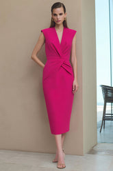 Elegant Fuchsia Ruched Bodycon Midi Work Dress