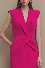 Elegant Fuchsia Ruched Bodycon Midi Work Dress