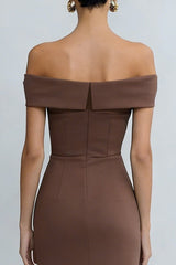 Off the Shoulder Brown Work Dress with Slit