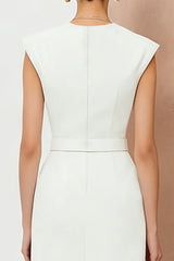 Ivory Sheath Cap Sleeve Midi Work Dress