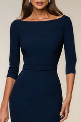 Bodycon Navy Bateau Neck Short Work Dress With 3/4 Sleeves