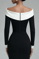 Off the Shoulder Black Bodycon Midi Work Dress
