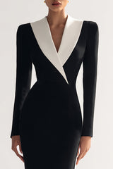 Black Bodycon Long Slleve V Neck Midi Work Dress