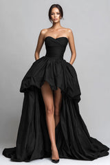 Strapless High Low Black Ruched Prom Dress