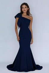 Navy One Shoulder Mermaid Maxi Formal Dress
