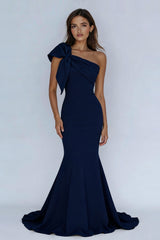 Navy One Shoulder Mermaid Maxi Formal Dress