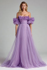 Off the Shoulder Lilac A Line Prom Dress with Ruffles
