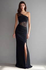 Black One Shoulder Mermaid Lace Maxi Formal Dress