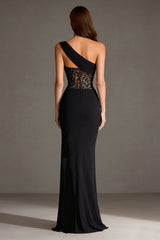 One Shoulder Black Lace Maxi Formal Dress