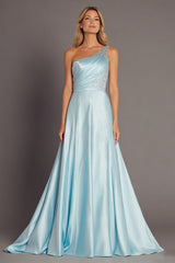 One Shoulder Sky Blue Satin A Line Formal Dress