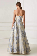 Dusty Blue Floral Strapless Corset A Line Formal Dress