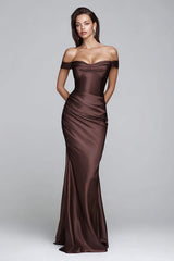 Off the Shoulder Coffee Satin Mermaid Formal Dress