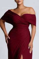 Burgundy Off the Shoulder Ruched Sheath Formal Dress