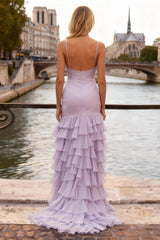 Light Purple Ruffled Spaghetti Straps Prom Dress With Slit