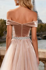 Off The Shoulder Champagne Mermaid Prom Dress With Slit