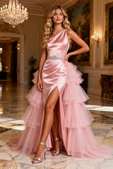 Pink One Shoulder Satin Mermaid Prom Dress With Slit