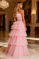 Pink One Shoulder Satin Mermaid Prom Dress With Slit