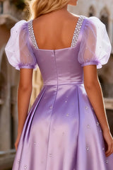 Princess Beaded Light Purple Maxi Prom Dress with Puff Sleeves