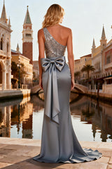 One Shoulder Mermaid Grey Sequin Long Formal Dress With Bow
