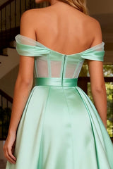 Off The Shoulder Satin Mint Green Corset Princess Prom Dress
