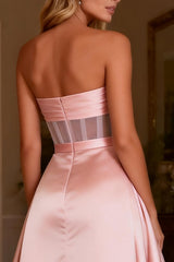 Strapless Pink Princess Satin Maxi Prom Dress