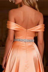 Off The Shoulder Ruffle A-Line Orange Beaded Prom Dress With Slit