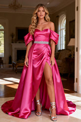 Hot Pink A-Line Beaded Off The Shoulder Prom Dress With Slit
