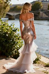 Sparkly Off The Shoulder Champagne Mermaid Prom Dress With Ruffles