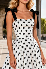 White Black Dot A-Line Satin Maxi Prom Dress