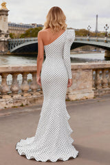 One Shoulder White and Black Mermaid Polka Dots Maxi Prom Dress With Slit