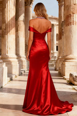Sparkly Red Satin Cut Out High Low Mermaid Prom Dress