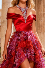 Sparkly Red Satin High Low Prom Dress with Ruffles