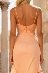 Sparkly Peach Spaghetti Straps Prom Dress with Ruffles