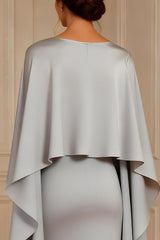 Elegant Grey Satin Sheath Mother of the Bride Dress with Shawl