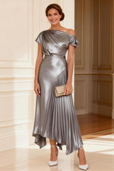 Metallic Silver A Line Ruched Mother of the Bride Dress