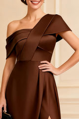 One Shoulder Chocolate Satin Mother of the Bride Dress