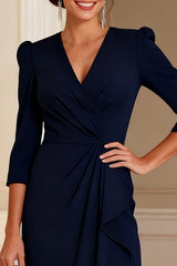Elegant Navy 3/4 Sleeve Midi Mother of the Bride Dress