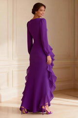 Purple Long Sleeve Ruched Mother of the Bride Dress with Sash