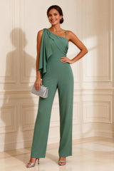 Asymmetrical Neck Sage Green Mother of the Bride Jumpsuit with Belt