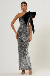 Sparkly Light Grey One Shoulder Mermaid Formal Dress With Bow