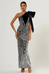 Sparkly Light Grey One Shoulder Mermaid Formal Dress With Bow