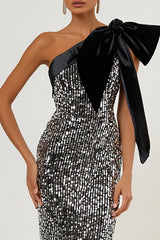 Sparkly Light Grey One Shoulder Mermaid Formal Dress With Bow