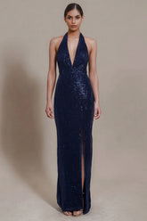 Sparkly Navy Sheath Halter Long Formal Dress With Slit